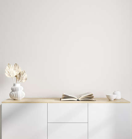 Blank wall mock up in home interior background, white room with natural wooden furniture, Scandi-Boho style, 3d renderの写真素材
