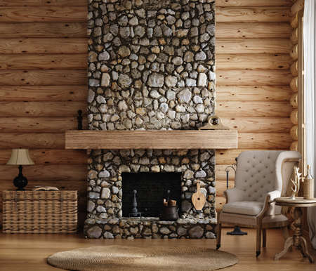 Home mockup, cozy log cabin interior background, 3d renderの写真素材