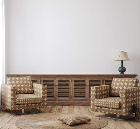 Farmhouse living room interior background, wall mockup, 3d render