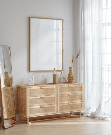 Mockup frame in interior background, room in light pastel colors with rattan furniture, Coastal style, 3d renderの写真素材