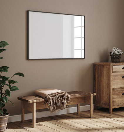Mockup frame in Scandinavian farmhouse living room interior, 3d renderの写真素材