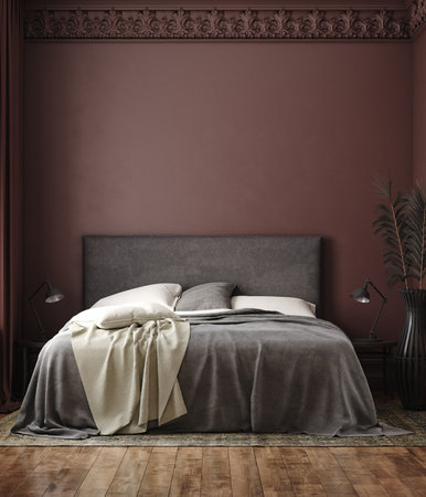 Home interior mock-up with double bed in dark modern bedroom, 3d renderの写真素材