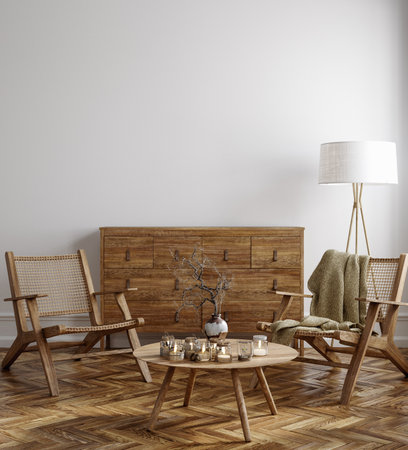 Blank wall mockup in white interior with natural wooden furniture, 3d renderの写真素材