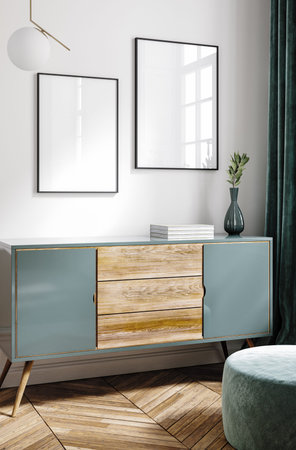 Mockup frame in Scandinavian living room interior, 3d render