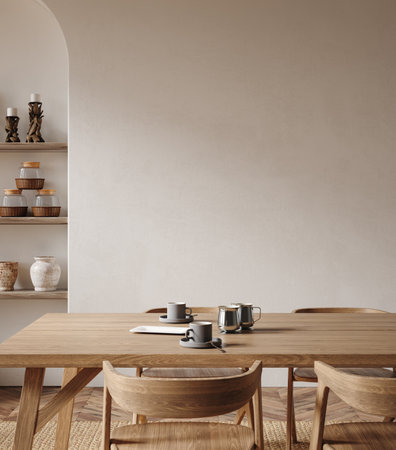 Home mockup, nomadic boho interior background with rustic decor, 3d renderの写真素材