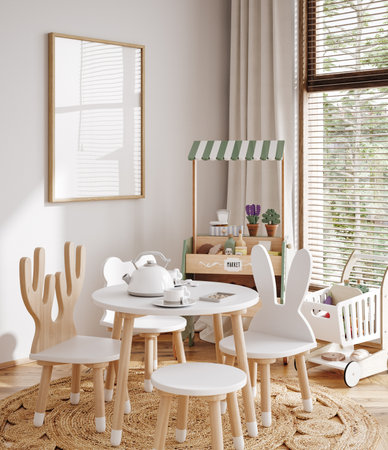 Mock up frame in neutral unisex children room interior background, 3D renderの写真素材
