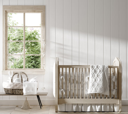 Mock up frame in children room with natural wooden furniture, Farmhouse style interior background, 3D renderの写真素材