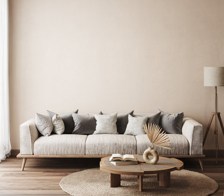 Wall mockup in Scandi-Boho living room interior background, 3d renderの写真素材