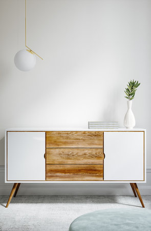 Interior of modern living room with white walls, carpet and wooden chest of drawers. 3d renderの写真素材