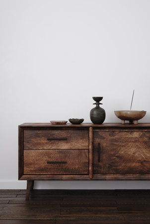 Wooden chest of drawers in modern interior. 3d renderの写真素材