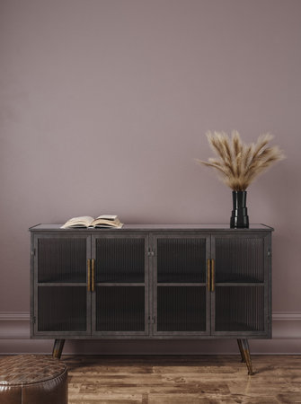 Vintage black chest of drawers with books in the interior. 3d render