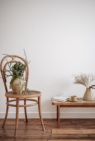 Wooden chair with plant in vase, books and coffee cup
