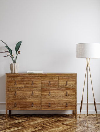 Interior of modern living room with wooden chest of drawers. 3d renderの写真素材
