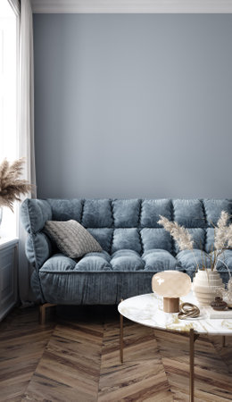 interior with blue sofa. 3d render illustration mock-upの写真素材