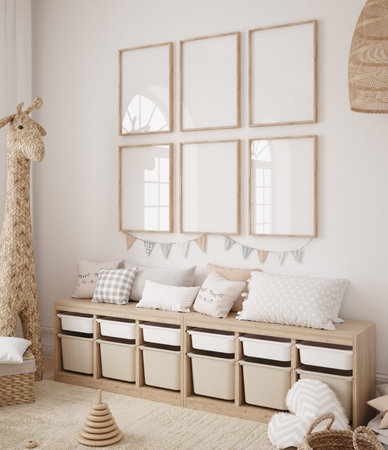 3d render of child room interior with wooden commode and giraffeの写真素材