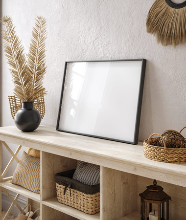 Interior of living room with mock up poster frame. 3d render