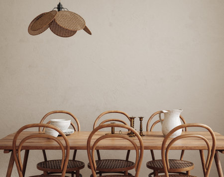 Wooden table and chairs in modern dining room. 3d renderの写真素材
