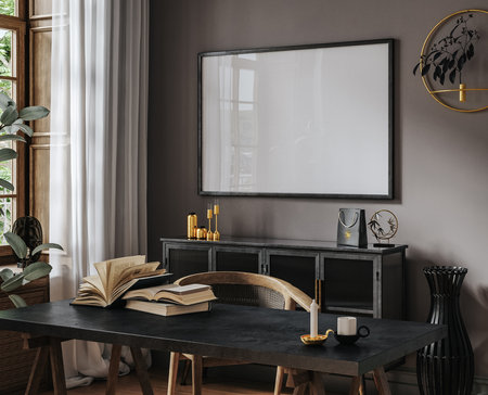 Mockup frame in home office interior background, 3d renderの写真素材
