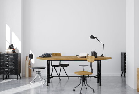 Interior of modern office with white walls, concrete floor, gray computer tables and black chairs....