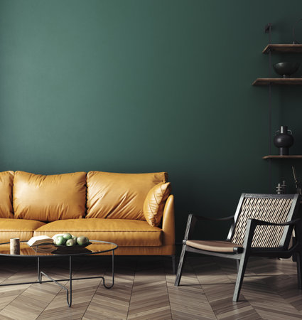 Interior of modern living room with yellow sofa and coffee table. Mock up, 3D Renderingの写真素材