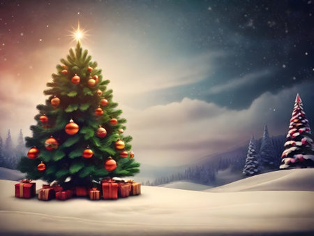 Christmas tree in snowy landscape with gift boxes. 3D illustration.の素材