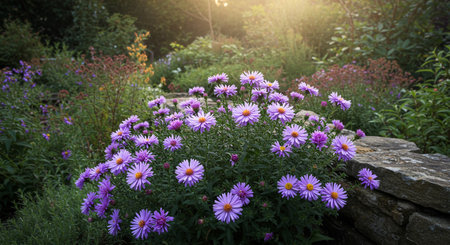Purple daisies in the garden at sunset. Spring flowers.の素材