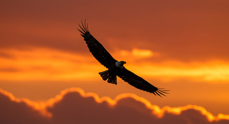 American Bald Eagle (Haliaeetus leucocephalus) in flight at sunsetの素材