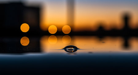 Water drop on the floor with reflection of cityscape at sunset.の素材