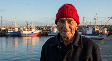 Portrait of an elderly man in the port of Essaouira, Moroccoの素材