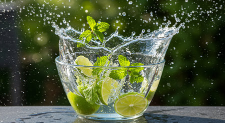 Mojito cocktail splashing in glass bowl with lime and mint leavesの素材