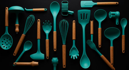 Flat lay of kitchen utensils on a black background.の素材