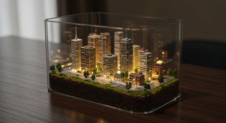 Miniature city in a glass jar. 3d rendering. Construction conceptの素材