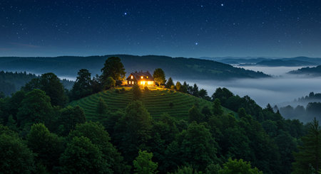 Night view of a small church on the hillside. Carpathians, Ukraineの素材