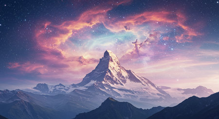 Matterhorn mountain with starry sky at sunrise, Zermatt, Switzerlandの素材