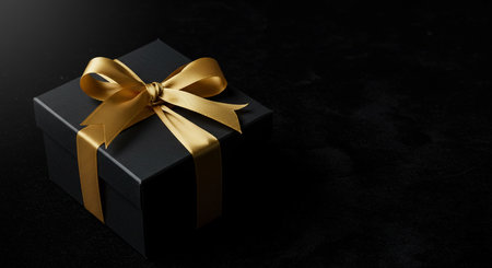 Black gift box with gold ribbon on black background. Copy space.の素材