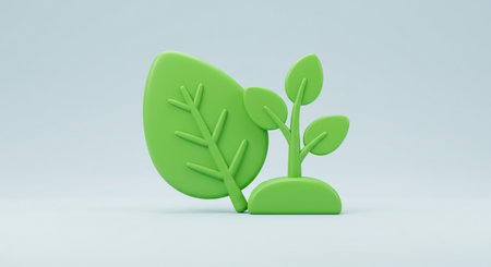 3d render of green plant icon isolated on blue background. Ecology conceptの素材