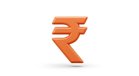Orange 3D rupee sign isolated on white background. 3D rendering.の素材