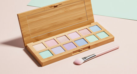 Makeup brushes and palette of eyeshadow on pastel backgroundの素材