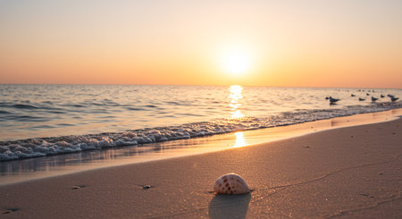 Beautiful sunset on the beach with a shell in the foreground.の素材