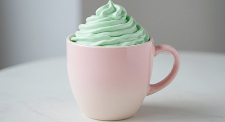Strawberry and mint ice cream in pink cup on white tableの素材
