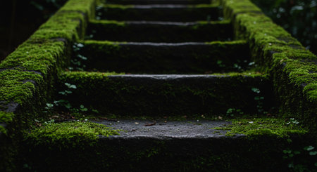 Staircase covered with green moss in the park. Selective focus.の素材