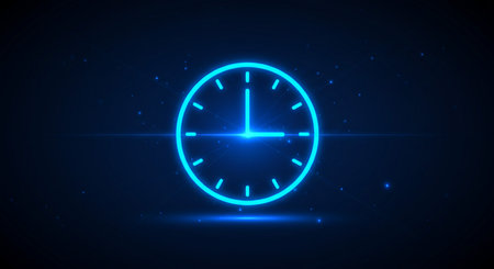 Vector illustration of a blue neon clock on a dark background. Time concept.の素材
