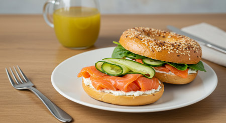 Sandwich with salmon, cream cheese and cucumber on a plateの素材