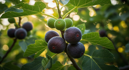 Ripe figs growing on a fig tree in the summer.の素材
