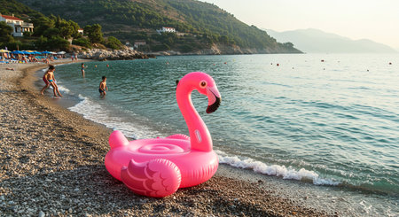 A pink inflatable flamingo on the beach in Montenegro.の素材