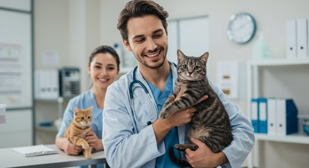 selective focus of veterinarian holding cat and smiling at camera in clinicの素材