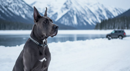 Cane Corso dog looking at the camera with snowy mountains in the backgroundの素材