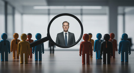 Businessman looking through a magnifying glass at a group of peopleの素材