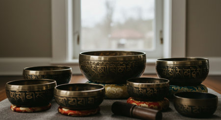 Tibetan singing bowls on the floor of a room with a windowの素材