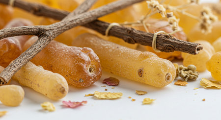 Close up of dried candied fruits on white background with wooden sticksの素材
